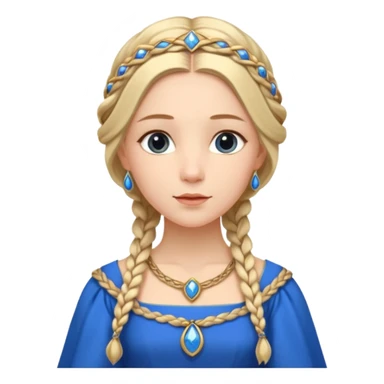 An emoji portrait of a medieval European princess. She wears a long-sleeved bliaut dress in a vibrant blue color, with a delicate golden circlet on her head. Her hair is braided in long tresses, and her expression is gentle and pious. sticker