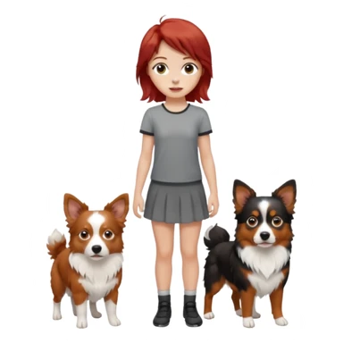 young woman with red hair standing with two mini Australian shepherds, brown white and black, boy bigger, girl smaller and delicate, emoji style sticker