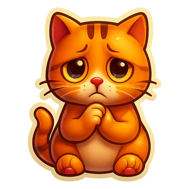 Bring the cat's paws up so they are touching each other just below the chin. Make the face look even sadder, with more expressive disappointment. Keep the style and transparent background. sticker