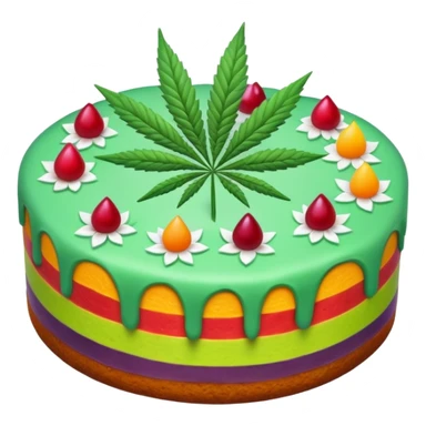 colorful frosted fruit cake with cannabis leaf sticker
