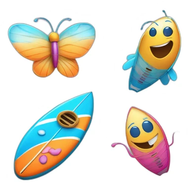 A surfboard Cartoon Blue and orange smiling with butterfly and and mikrophone Cartoon Blue and pink sin with buttefly sticker