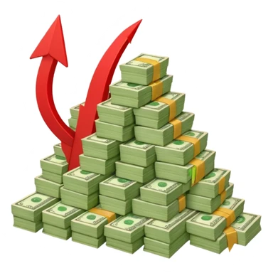 a pile of money with red arrow up sticker