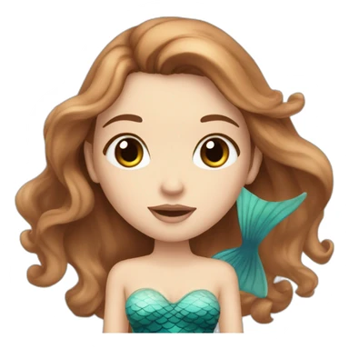 White girl with black eyes and long brown hair with a dreamy fish or mermaid looking face sticker