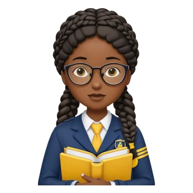 Girl student wearing uniform, glasses, hold yellow book in front of their chest, black braided hair, dark skin sticker