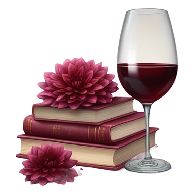 A deep red pile of books with classic dahlias and a spilled wine glass sticker