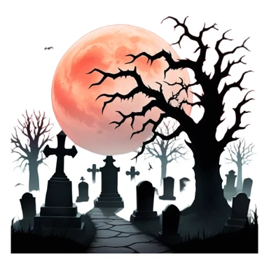 Icon for Horror Movies: A chilling collage with a monstrous werewolf or vampire, dark silhouettes, eerie graveyards, and creepy elements like spiders and tombstones. Ghostly fog surrounds, with a blood-red moon in the sky. The atmosphere is unsettling, eerie, and haunting. Transparent background. sticker