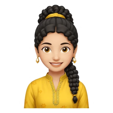 smiling fair Indian girl, black curly ponytail, yellow kurti, standing sticker