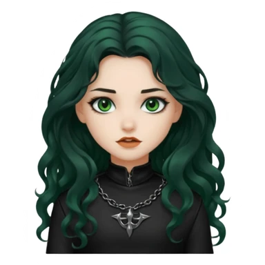Crea una ragazza con stile black metal, capelli neri mossi lunghi e occhi verde scuro sticker