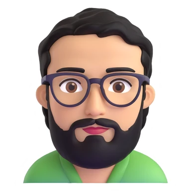 man with medium black beard, black hair, connected eyebrows, olive tan skin, brown eyes, and glasses sticker