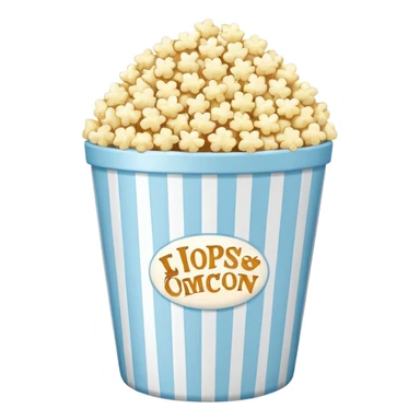 Popcorn in a pale blue popcorn bucket with stripes sticker