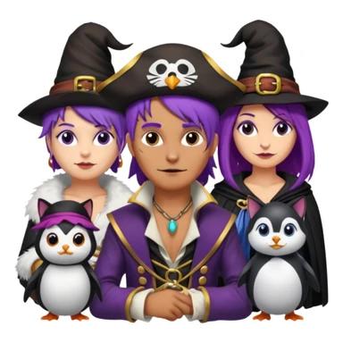 Um homem vestido de pirata,um gato de mágico,uma mulher de cabelos roxos e um pinguin vestido de bruxa sticker