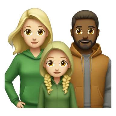 two girls and one guy. one of the girls is a blonde in a green sweater, the other has brown hair and wear gray hoodie, in the middle is a guy with dark hair and a beard sticker