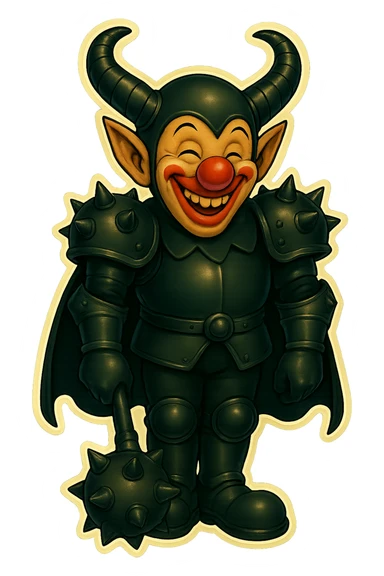 A menacing but jovial armored clown with ram horns, glossy black on matte black armor, short cape hanging straight down, large but not comically oversized black clown shoes, standing relaxed with feet close together, arms down, oversized spiked mace hanging to the ground, eyes barely open, smiling and looking cheerful, vibrant retro stickers style, no yellow aged tint, full body, transparent background. sticker