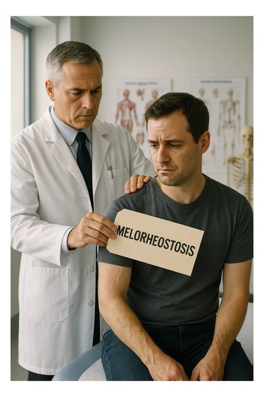 A realistic, cinematic illustration set in a bright, modern medical office. A middle-aged doctor in a white lab coat with a serious expression is shown gently placing a large paper label on the shoulder of a male patient sitting on the examination table. The label has the word 'Melorheostosis' written on it, symbolizing the act of labeling the patient with his rare bone condition. The patient looks confused and slightly disheartened, wearing a simple t-shirt with part of his arm exposed, showing subtle signs of bone thickening or deformation associated with melorheostosis. The background includes medical charts and a softly blurred skeleton model, emphasizing the medical setting. The lighting is bright but neutral, conveying a sterile, clinical atmosphere while focusing on the symbolic moment of receiving a diagnosis label. The mood is introspective and slightly heavy, illustrating the emotional weight of being defined by a rare chronic condition sticker