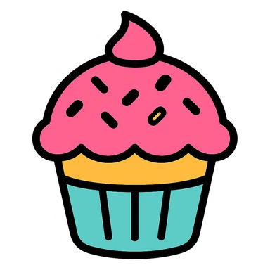 cupcake with pink icing, playful and bright color outline icon style sticker