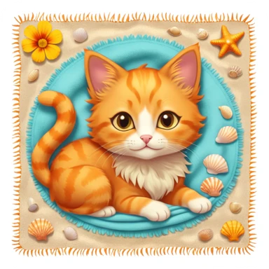 A fiery orange kitten with sun-kissed fur, wearing a tiny flower crown made of marigolds, lounging on a warm beach towel, surrounded by seashells, golden sparkles, and glowing summer sun. sticker