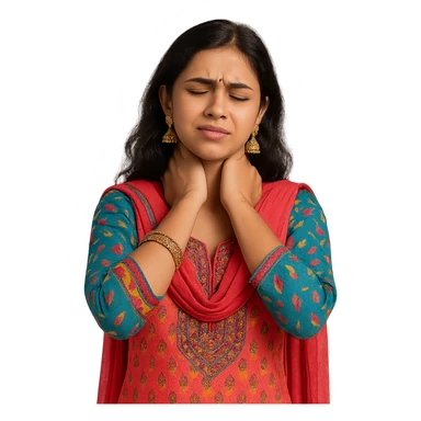 A young woman in salwar kameez, holding her neck with both hands, traditional jewelry, colorful, no background sticker