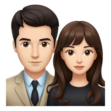 Quiero una pareja de 30 años muy guapos. La chica con pelo largo castaño y rizado pero con el flequillo liso. El chico con el pelo corto, liso, negro y con un poco tupe , piel blanca y sin barba sticker