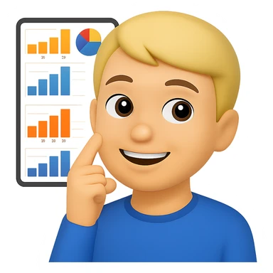 Person thinking with graphs in the background, smiling, in apple emoji style with a blue background. sticker