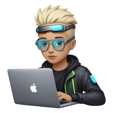 An emoji of a person with a laptop, but wearing cyberpunk glasses and with a slight neon glow sticker