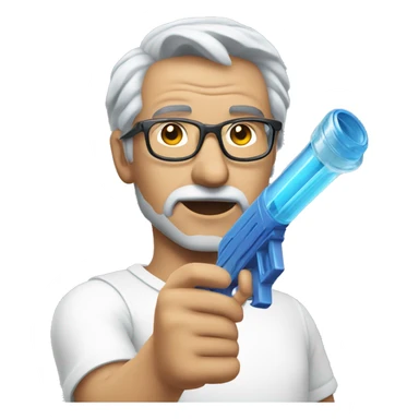 Turkish man with grey hair and protective glasses and white t-shirt aiming a water gun with one hand while standing sideways sticker