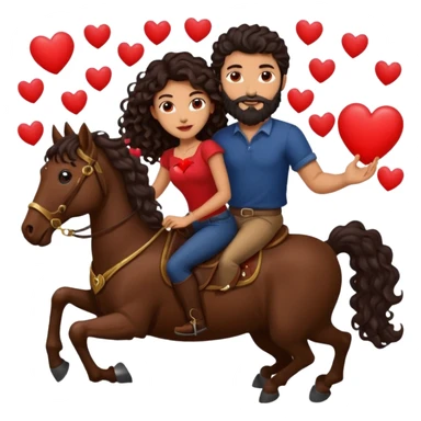pareja de Mujer morena rizada cabello largo castaño ojos oscuros y hombre piel blanca con caballo oscuro con barba y ojos marron alrededor de la pareja corazones sticker