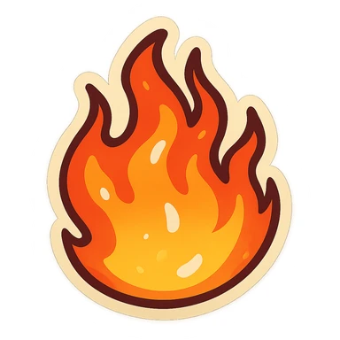 retro sticker style illustration of a bright, energetic flame with bold outlines, playful shapes, glossy highlights, volumetric and moving flame sticker