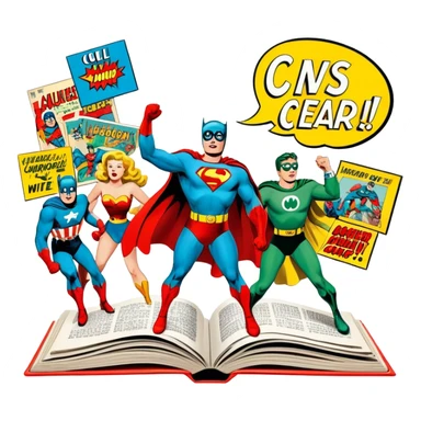 Icon for Vintage American Comics: an open comic magazine with classic 1940s-1950s American comic art, featuring superheroes in bold, bright colors, with action panels and exaggerated speech bubbles. The icon should represent the nostalgic style of vintage comics. Transparent background. sticker