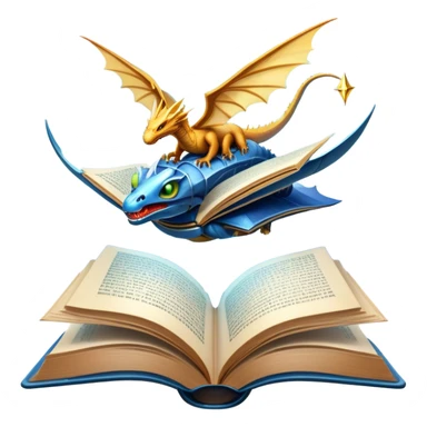Icon for Fantasy and Sci-Fi Reading: an open book with magical creatures like dragons and fairies flying out, with a futuristic spaceship in the sky and a wizard casting spells. The icon should represent the magic and adventure of fantasy and science fiction worlds. Transparent background. sticker