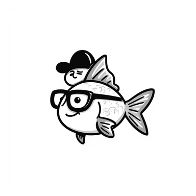 A hand-drawn goldfish with a derpy expression wearing oversized glasses sticker