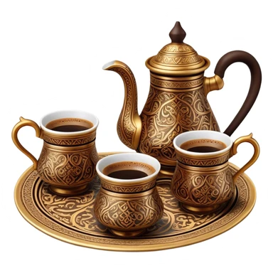 Turkish Coffee Set – Cinematic Realistic Turkish Coffee Set, depicted as an elegantly arranged ensemble of ornate coffee cups and a traditional cezve pot, adorned with intricate patterns and rich, warm colors, rendered with detailed textures and soft ambient lighting that captures its cultural heritage. sticker