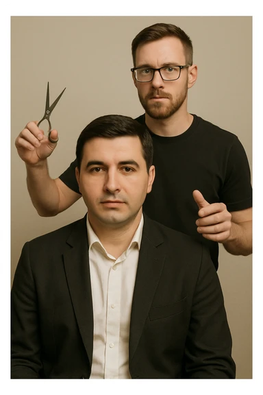 manashu akani yuzlaridan foydalanib sartarosh chizib bergin u soch olishga tayyor turganini chizib ber old rakursda bulsin mijoz tugriga qarab utirganini va sartarosh uni orqasida turib bitta ulida qaychi, ikkta quli bilan tayyorgarlik kurib turganini chizib ber xuddi 1,2,3 boshladik degandey birdaniga ishga kirishib ketadigan dek tayyor bulib tursin sticker