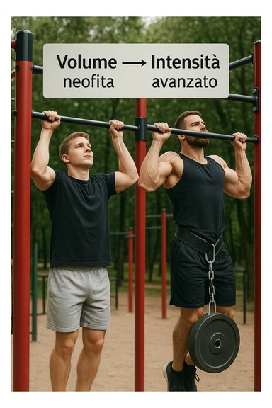 Due atleti fianco a fianco in un parco attrezzato: a sinistra il neofita che fa 10 trazioni leggere con concentrazione, a destra l’atleta avanzato con cintura zavorrata che fa 3 ripetizioni lente e pesanti. Tra loro, grafico sospeso in aria che mostra: 'Volume → neofita | Intensità → avanzato'. Stile realistico con elementi educativi visivi in italiano sticker