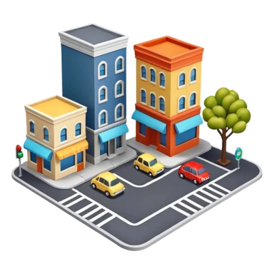 mini diorama of a classic city street corner with small buildings and road sticker