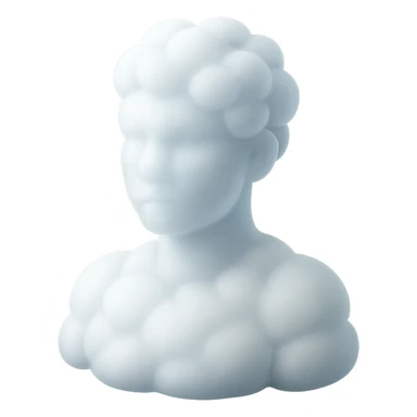 person looking straight, composed entirely of white fluffy convex clouds, shoulders up, matte glass style sticker