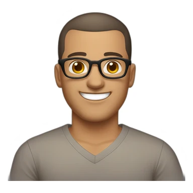 Late 30s man with buzz cut salt and pepper dark hair, thick frame glasses, with a round face and broad smile, medium nose, dark brown eyes, wearing a v-neck t-shirt sticker