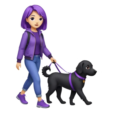 purple haired light skinned woman walking a big, black dog sticker