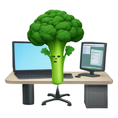 Generate a creative broccoli emoji sitting in front of a computer with a stylus, designing something on a screen. sticker