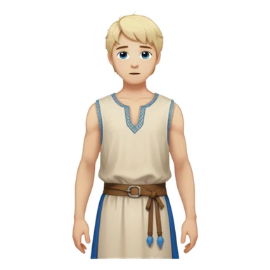 medieval summer outfit worn by a DnD themed fantasy character. basic lightweight sleeveless tunic with a decorative trim along the edges. clothes only above the waist. The clothes full waist. The character's haven't arms. character is blonde hair, blue eyes, short messy hair, white-skinned man. sticker