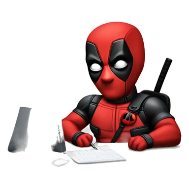 Cute Deadpool sitting at a desk, front view sticker