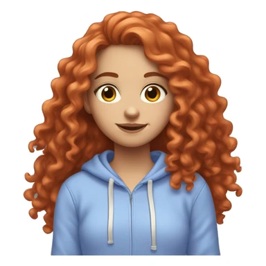 a white girl with long red curly hair, wearing a pastel periwinkle hoodie doing a pose sticker