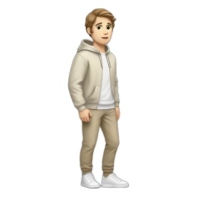 white guy in beige hoodie with brown hair and white shoes and a white gray pants sticker