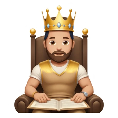 Buff bald bearded man wearing crown and cap, sitting on throne of documents, Instagram icon floating, golden glow, minimal emoji sticker