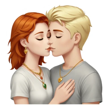 young 20 year old redhead girl with dark blonde eyebrows wearing gold jewelry and light clothes kissing a young 20 year old white-haired boy wearing dark t-shirt sticker