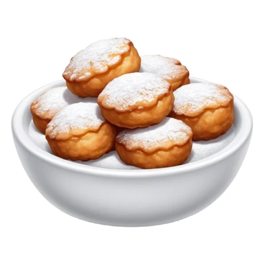 Buñuelo Cinematic Realistic Buñuelo Dessert Emoji, depicted as perfectly round, fluffy fritters served in a small bowl with a dusting of powdered sugar, rendered with vibrant textures and warm, inviting lighting. sticker