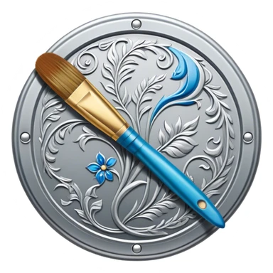Metal painting icon, intricate hand-painted metal surface with detailed patterns, visible paintbrush, metal tools, vibrant enamel or acrylic paints, finished artwork and the painting process, minimalistic style, clean lines, transparent background. sticker