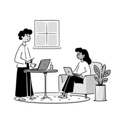 escenary 3d of a cozy mid-century living room with two people working on laptops, one man standing at a desk, and one woman sitting on a couch sticker