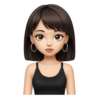 generate a pretty bratz girl in black cami top, dark brown straight bob hair with bangs, eyeliner on, listeninh to music sticker