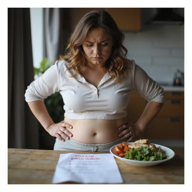 hyperrealistic 4K detailed image of a woman with PCOS, overweight body on abdomen and hips, sitting at a table with a plate of healthy food (salad, chicken, vegetables), list of diet or exercise attempts on the table with the phrase 'peso stabile' highlighted in red, disappointed expression sticker