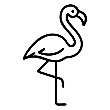 A flamingo with a long slender neck, standing on one thin leg with the other leg tucked up. The bird has a characteristic curved beak and elegant posture. sticker
